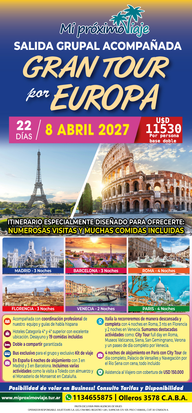 GRAN TOUR por EUROPA - SALIDA GRUPAL ACOMPAÑADA DOBLE A COMPARTIR GARANTIZADA| 8 DE ABRIL 2027